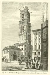 Torre Saint-Jacques en 1830, vista tomada desde la place du Cloître