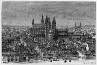 Tournai: vista exterior de Notre-Dame y panorama de la ciudad. Grabado por Barclay, para ilustrar la historia "Belgium", por Camille Lemonnier (1844-1913) escritor belga. Publicado en Le Tour du monde, nouveau journal des voyages, 2º semestre