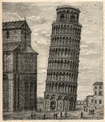 Torre de Pisa - Grabado en “Ciencias al alcance de todos - Física y química populares” por Alexis Clerc - Finales del siglo XIX - Colección privada