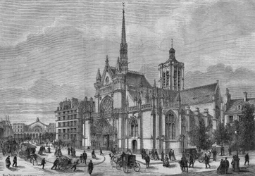 Transformaciones de París bajo el Segundo Imperio, París haussmanniano: vista de la nueva fachada neogótica de la iglesia Saint Laurent, bulevar de Estrasburgo, restaurada por el arquitecto Simon Claude Constant Dufeux (Constant-Dufeux) (1801-1870)