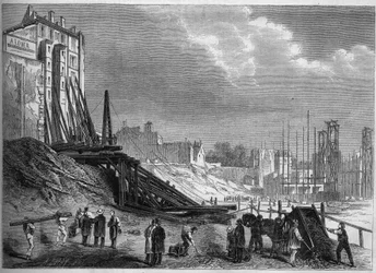 Transformaciones de París bajo el Segundo Imperio, París haussmanniano: vista de las demoliciones en el emplazamiento de la plaza Montholon, rue Lafayette. Grabado en "Le Monde Illustré" n°335 del 12 de septiembre de 1863