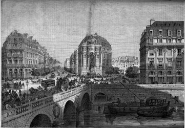 Transformaciones de París bajo el Segundo Imperio, Haussmann París: vista de la fuente Saint Michel (1860) en el Boulevard de Sebastopol. Grabado en Le Monde Illustré n°175 del 18 de agosto de 1860.