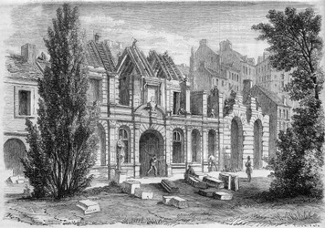Transformaciones de París bajo el Segundo Imperio, París Haussmann: demolición de la Orangerie du Luxembourg para extender la rue Soufflot. Grabado en "Le Monde Illustré" n°276 del 26 de julio de 1862.
