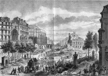 Transformaciones de París bajo el Segundo Imperio, París Haussmann: perforación del Boulevard du Prince Eugene (actual Boulevard Voltaire). Grabado en "Le Monde Illustré" n°284 del 20 de septiembre de 1862.