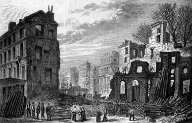 Transformaciones de París bajo el Segundo Imperio, París Haussmann: apertura del bulevar Saint Germain, vista tomada desde la rue Saint Dominique. Grabado de 1870.