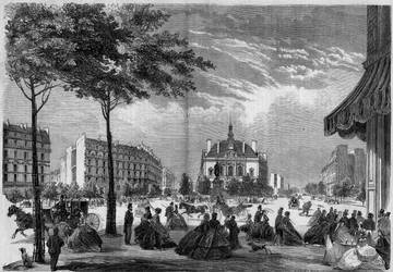 Transformaciones de París bajo el Segundo Imperio, París Haussmann: el nuevo ayuntamiento del XI distrito en París. (Se puede ver el Boulevard Voltaire y la Avenida Parmentier). Grabado de 1865.