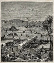 Transporte del obelisco de Ptolomeo Filadelfo (Ptolemaios Filadelfos) (Ptolomeo II) en el Nilo hacia Alejandría - Grabado en Ciencias al alcance de todos - Física y química popular por Alexis Clerc - Finales del siglo XIX - Colección privada