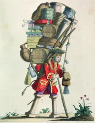 Vendedor ambulante de especias, licores y remedios en 1721, de Costumes de Paris a Travers les Siecles, publicado en 1887
