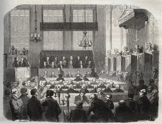 Juicio de William Palmer, en el Tribunal Penal Central, mayo de 1856, por envenenar a John Parsons Cook, en Rugeley - William Palmer ante el Tribunal Penal Central de Londres en 1856 - Grabado en “Causas célebres de todos los pueblos” por Armand Fouquier