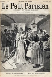 Prueba del vestido en el taller en la víspera de la Fiesta de Mi-Careme: la reina de los blanqueadores. Uno del periódico "Le Petit Parisien" el 12/03/1893 (grabado)