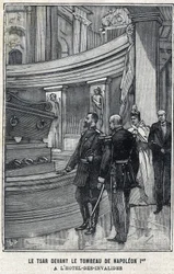 El zar Nicolás II de Rusia (1868-1918) y la zarina Alexandra Fiodorovna Romanova (1872-1918) frente a la tumba de Napoleón I Bonaparte en el Hotel des Invalides en París, en "Le Petit Parisien"