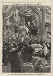 El zar Nicolás II de Rusia aclamado por el público durante la interpretación del himno nacional ruso en una gala en la Ópera de París durante su visita a Francia
