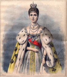 La zarina Alejandra de Rusia con sus vestiduras de coronación - La zarina Alejandra Fiódorovna con el traje de la consagración. Ilustración para «Le Petit Journal», 24 de mayo de 1896