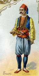 Hombre turco. Serie de 25 cromos publicitarios para la fábrica de galletas Pernot de Dijon, creada en 1869. Detalle de los personajes en traje tradicional