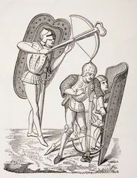 Dos ballesteros franceses del siglo XV, uno disparando su arma, el otro cargándola con un cabrestante, ambos protegidos por pavises, de 