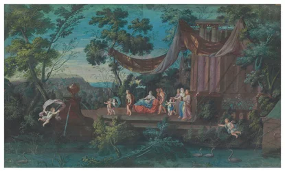 Dos hojas de abanico: El pomposo carrusel de las Amazonas galantes de las cuatro partes del mundo; y Procesión saliendo de un templo acompañada por putti, segunda mitad del siglo XVII