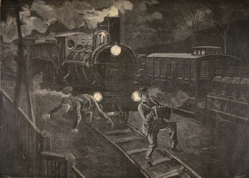 Dos hombres atropellados por un tren, ilustración de Le Petit Journal: Suplemento ilustrado, 1898
