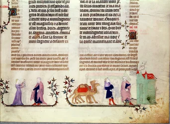 Dos escenas de la historia de Rebeca en el pozo, de La Biblia de Jean de Sy, c.1355