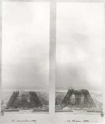 Dos vistas de la construcción de la Torre Eiffel, París, 12 de diciembre de 1887 y 15 de marzo de 1888