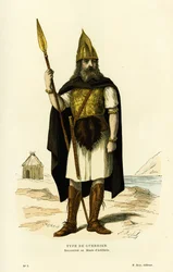 Tipo de guerrero galo, con lanza y espada nydam. Grabado en color según el dibujo de L.Hennin, en “Francia y los franceses a través de los siglos” de Augustin Challamel, F.Roy editor, París 1882. Colección Selva.