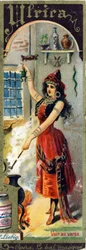 Ulrica en la ópera "Un baile de máscaras" de Giuseppe Verdi creada en 1859. Alfabeto de nombres femeninos sobre el tema: trajes femeninos y óperas. Cromolitografía publicitaria de Liebig