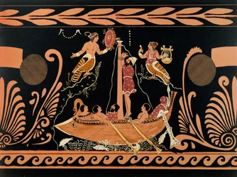 Ulises y las sirenas, ilustración de un vaso griego antiguo