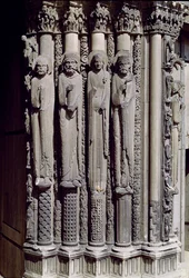 Figura desconocida, Rey Salomón, la Reina de Saba y el Rey David, figuras de jamba del Portal Real, 1140-55