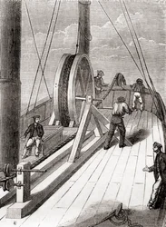 Desenrollando el cable submarino de Dover a Calais a bordo del Blazer, 25 de diciembre de 1851, de Les Merveilles de la Science, publicado c.1870 (grabado)