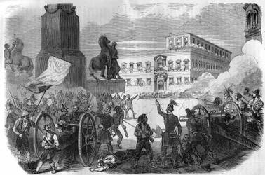 Levantamiento en Bolonia: derrocamiento del gobierno pontificio bajo Gregorio XVI Papa de 1831 a 1846. Grabado en “Histoire des Papes-Rois-Reinas y Emperadores a través de los siglos” de Maurice Lachatre