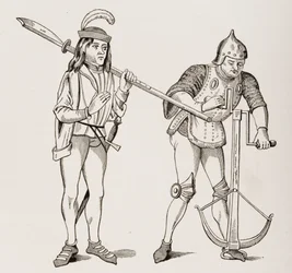Escudero llevando una alabarda de hoja gruesa y un arquero tensando la cuerda de una ballesta con un cabrestante de doble mano, después de una miniatura del siglo XV, de Le Moyen Age et La Renaissance de Paul Lacroix