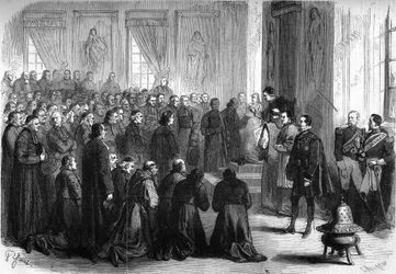 Concilio Vaticano I (1869-1870): el Papa Pío IX (1792-1878) recibió en audiencia general a los eclesiásticos franceses que siguieron a los obispos