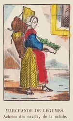Vendedora de verduras. Comprar nabos, ensalada., hacia 1819 (impresión)