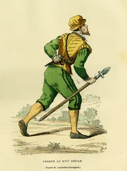 Traje de Veneur, encargado de la caza de perros comunes, en el siglo XVII. Grabado en color según un dibujo de Lechevaller-Chevignard, en "France et les francais a travers les centuries" de Augustin Challamel, F.Roy editor, París 1882. Colección Selva.
