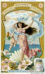 Venus ilustra el viernes. Tarjeta publicitaria cromolitográfica de Liebig