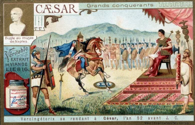 Vercingétorix yendo a César, en el año 52 a.C. - viñeta publicitaria Liébig