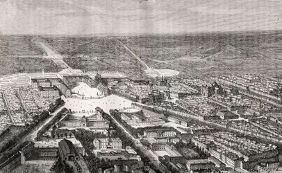 Versalles con su castillo en el siglo XIX - grabado en 