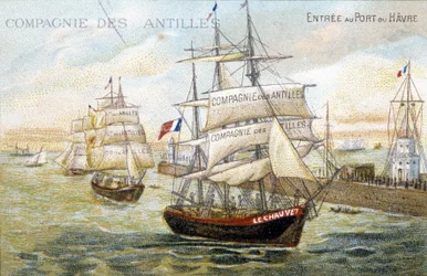 Buques de la compañía de las Indias Occidentales en el puerto de Le Havre. Ilustración del siglo XIX conservada en la biblioteca municipal de Dinan