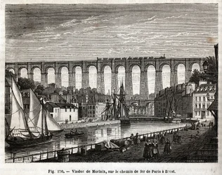 Viaducto de Morlaix, en el ferrocarril de París a Brest (Francia). Grabado por Lebreton y Marchand, en 