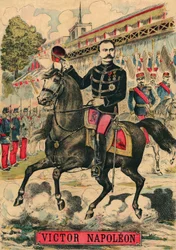 Victor Napoleón (1862-1926) a la cabeza de los partidarios de los Bonapartistas, el último heredero de Napoleón I tuvo que exiliarse a raíz de una ley aprobada por la Tercera República en 1886. Grabado, en "Le Figaro, suplemento", el 30/03/1889, París. Col