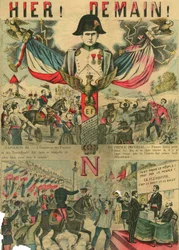 Victor Napoleón (1862-1926) a la cabeza de los partidarios de los Bonapartistas, el último heredero de Napoleón I tuvo que exiliarse a raíz de una ley aprobada por la Tercera República en 1886. Grabado, en "Le Figaro, suplemento", el 30/03/1889, París.