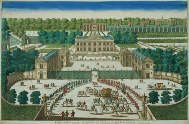 Vista y perspectiva de la entrada al Chateau de Marly, grabado por Antoine Aveline