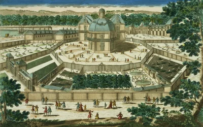 Vista y perspectiva del Salón de la Menagerie en Versalles, grabado por Antoine Aveline