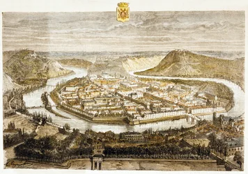 Vista de Besancon, Francia (grabado en color)