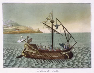 Vista de Corvus, Grúa Naval, usada por G. Duillus, 1796