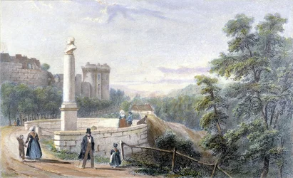 Vista del castillo de Dinan y de la estatua de Duclos Pinot. Ilustración del siglo XIX conservada en el Museo de Dinan.