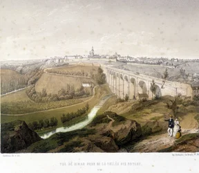 Vista de Dinan, el viaducto y el valle del Nogal. Ilustración del siglo XIX conservada en el Museo de Dinan.