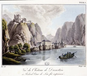 Vista del castillo de Durnstein (donde estuvo preso Ricardo Corazón de León) - en "Viaje pintoresco por Austria" del conde Alexandre de Laborde, París, Didot el Viejo