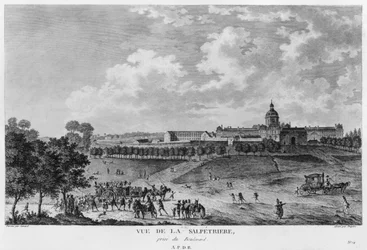 Vista del Hospital La Salpêtrière, transporte de prostitutas, París, grabado por Duparc, después de un dibujo de Savard, c.1790