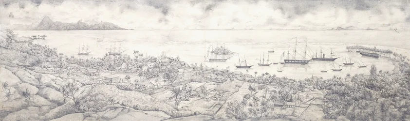 Vista de Papeete, Tahití, sobre el puerto hacia Moorea, mediados del siglo XIX