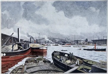 Vista de París, el Sena y el estanque de la Villette, acuarela de Brun. 1889